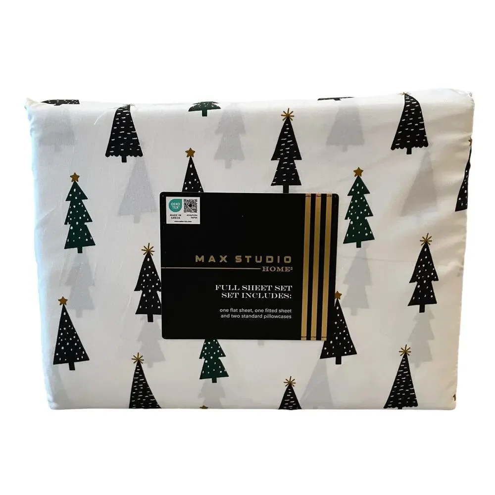 4pc Max Studio Block Christmas Tree Printed Sheet Set FULL Chic Holiday Bedding